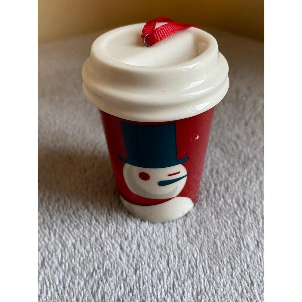 Starbucks 2.5" Mini Ornament Coffee Ceramic Cup 2012 Snowman Christmas s25
